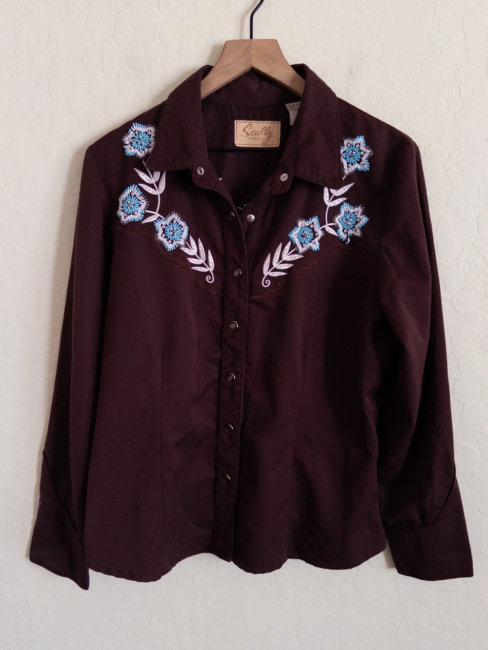 Vintage Scully Beaded Floral Long Sleeve Pearl Snap Shirt Large Brown Western
